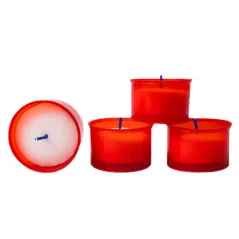 Lumini di paraffina vasetto in plastica rosso, cera bianca. Stoppino in cotone cerato. Dimensioni: Ø 5.4 cm - h. 3.5 cm