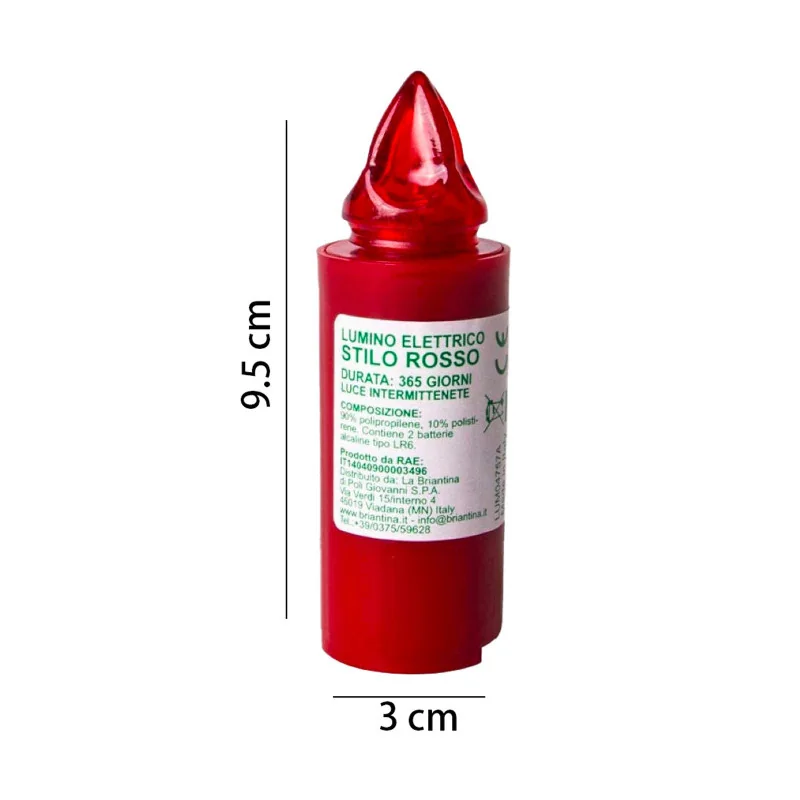 Lumino Elettrico a Led Stilo Pacis, Durata 365 Giorni, Rosso con Luce Intermittente, 9.5xø3 cm