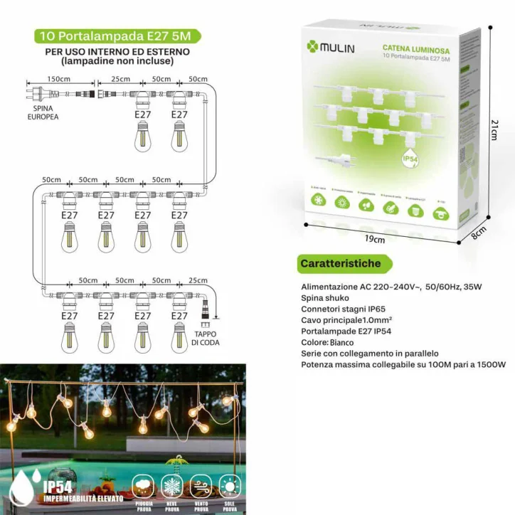 Catena Luminosa Esterno Prolungabile Portalampada E27 Cavo Nero Collegabile Fino a 100mt 1500W
