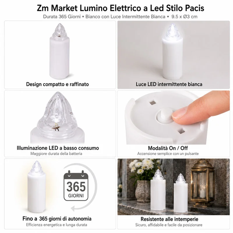 Lumino Elettrico a Led Stilo Pacis, Durata 365 Giorni, Bianco con Luce Intermittente, 9.5xø3 cm