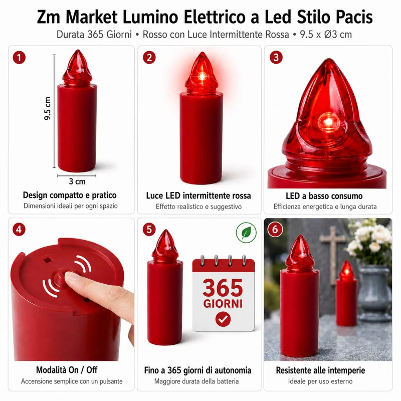 Lumino Elettrico a Led Stilo Pacis, Durata 365 Giorni, Rosso con Luce Intermittente, 9.5xø3 cm